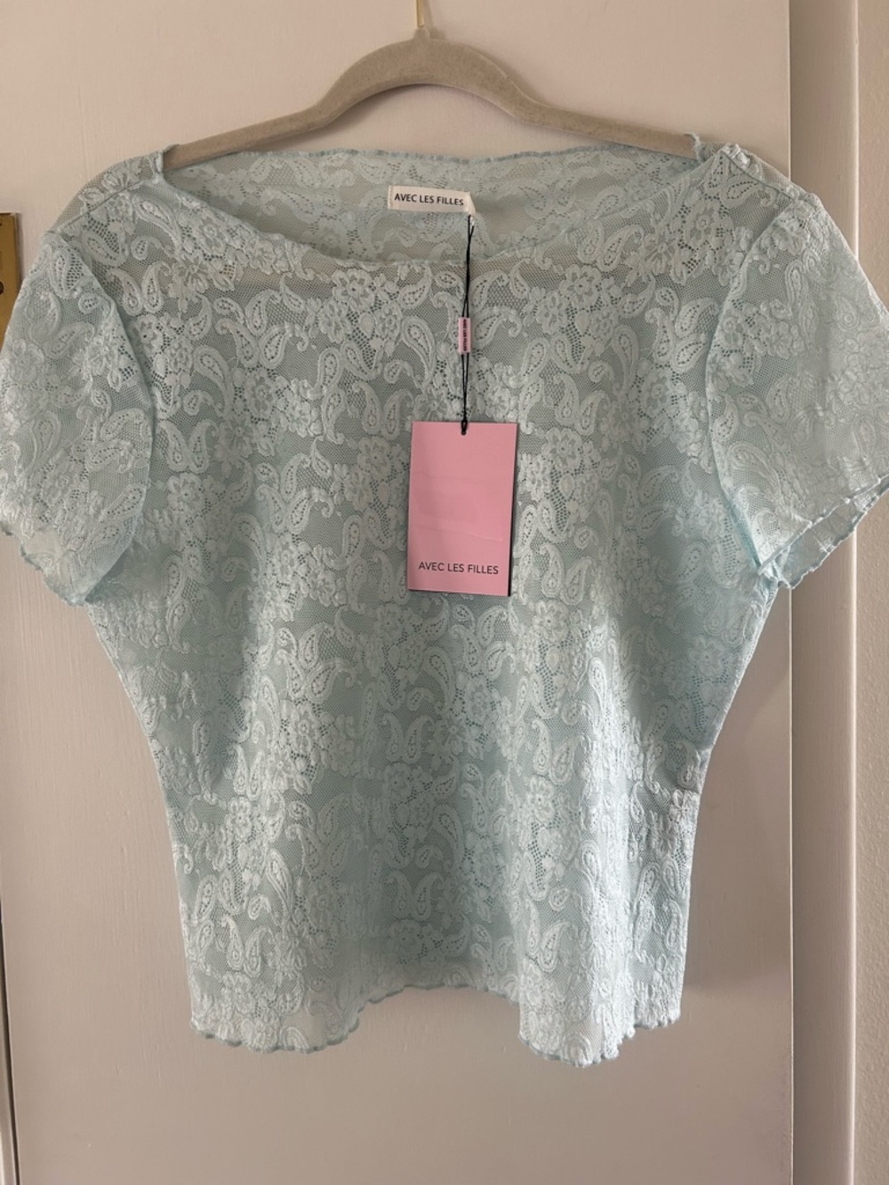 Avec Les Filles Light Mint Lace Short Sleeve Blouse